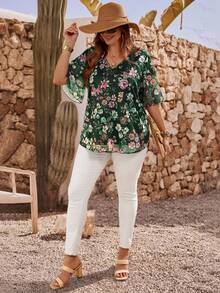 EMERY ROSE Plus Size Floral Print Ruffle Hem Casual Vacation Shirt - Dark Green - View 5