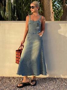 DAZY 女士休闲做旧水洗无袖牛仔连衣裙，夏季 - 藍色 - 查看 6