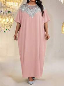SHEIN Lady Đầm dạ hội thanh lịch cỡ lớn đính sequin lấp lánh - Bụi hồng - Xem 3
