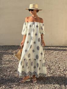 DAZY Rochie midi elegantă pentru femei, cu imprimeu floral, cu curea în talie, de vară, rochie de nuntă pentru invitați, rochie de vară pentru femei, rochie de vară cu umăr dezgolit - Caisă - Vizualizare 4