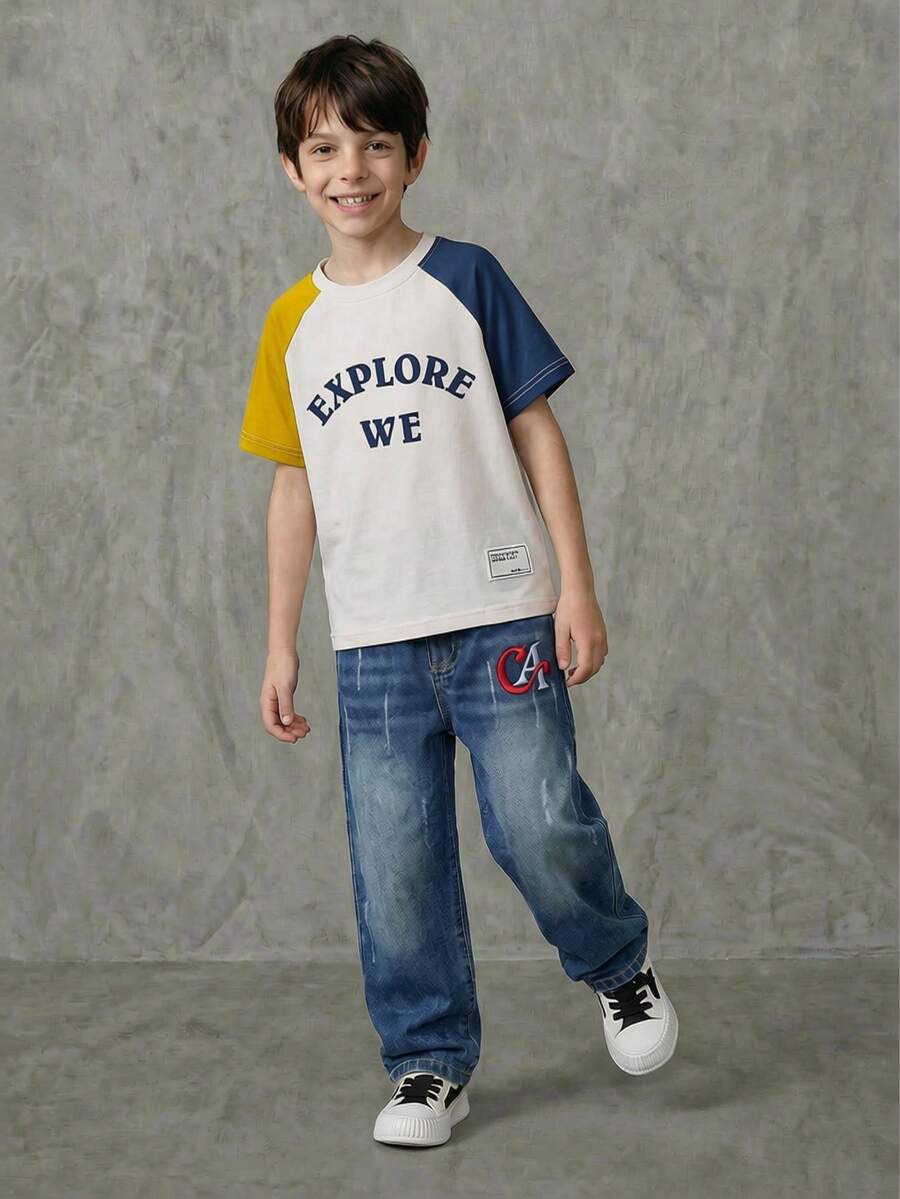 SHEIN Casuvi Kids Jungen-Einteiler im urbanen Freizeitstil, Rundhals-Kurzarm-Farbblockshirt in Apricot, bequem und vielseitig, geeignet für Frühling und Sommer. Das T-Shirt ist für verschiedene Anlässe wie urbane Outdoor-Aktivitäten, Lässig zuhause, Schule und Treffen geeignet. Jungen T-Shirts Jungen Casual Kinder Jungen Baseball-Shirt Kinder Jungen Sommer T-Shirt Jungen Preppy Tops Kindersüße Tops - Gelb - Übersicht 1