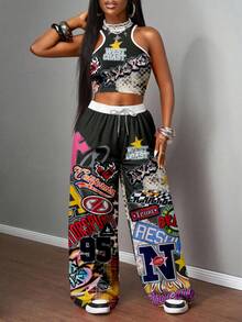 SHEIN Slayr 2pcs/Set Women Casual Vintage Street Style Graffiti Letter Cross Print Sleeveless Top And Loose Fit Pants Suit, Suitable For Street Wear - Multicolor - View 5