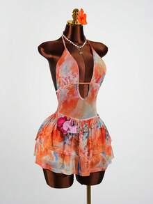 SaltGleam SaltGleam Vestido halter sin espalda con estampado de fantasía ardiente, sexy para mujeres - Multicolor - Ver 3