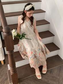 Dazy Kids 少女甜美系领碎花无袖连衣裙 - 米色 - 查看 5