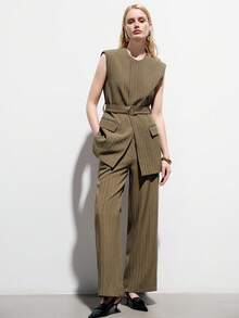 Aveloria Modichic Minimalist Commuter Versatile Elegant Women's Striped Crew Neck Sleeveless Vest With Belt Matching Wide Leg Suit Pants, Women's Suit Set - Coffee Brown - View 2