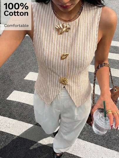 Aloruh Blazer de rayas caqui con cuello redondo, ajustado, de algodón, de alta gama, con decoración metálica y abertura, para mujer, para otoño/invierno