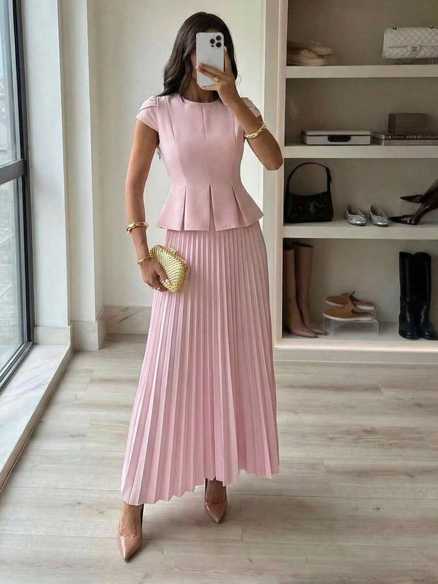 Firerie Bộ đồ nữ màu trơn cổ tròn tay ngắn xếp ly và chân váy xếp ly thanh lịch 2 món - Bụi hồng - Xem 1