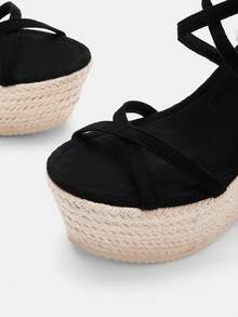 女士编织厚底坡跟凉鞋，防水鞋跟，露趾，绳带，蝴蝶结，波西米亚风格高跟穆勒鞋，春季休闲鞋 - 黑色 - 查看 9