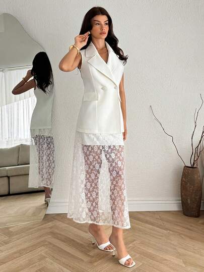 EURMUSE Women, Spring, Summer, White, Suit Set, Jacket, Skirt, Lace, Weeding, Boho, White Sleeveless Double-Breasted Vest, White Lace Maxi Skirt, Sheer Floral Lace Skirt Overlay, Sleeveless Blazer Vest, Double-Breasted Vest Top, Elegant White Two Pieces Set, Bridal-Inspired Co-Ord, Wedding-Guest Outfit, Formal Lace Skirt, Office-To-Evening Ensemble, Longline Lace Skirt, Romantic Lace Overlay, Minimalist White Outfit, Feminine Lace Maxi, Chic Sleeveless