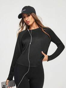 SHEIN Sports 休闲百搭纯色网眼拼接长袖运动T恤 - 黑色 - 查看 6