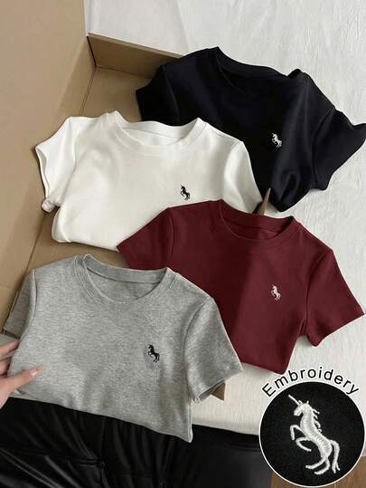 Everyssa 4件套女士纯色刺绣圆领短袖修身露脐T恤，适合日常穿着，女士独角兽标志T恤