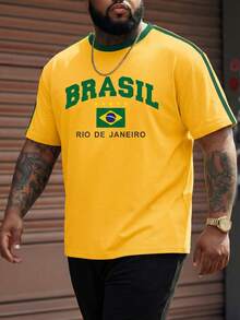 DRIVNCORE Aesthetic Post--Plus Size Men Casual Brazil Flag Letter Graphic Print Short Sleeve Round Neck T-Shirt, Summer Workout Athletic Graphic Tee - Yellow - View 2