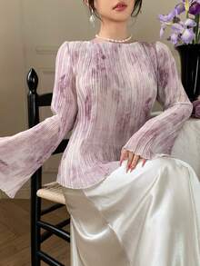 DAZY Áo thun nữ cổ tròn in họa tiết retro Pháp, tay loe, dáng ôm. - Màu Hồng baby - Xem 1