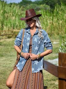 EMERY ROSE Women's Casual Star Print Frayed Hem Front Button Long Sleeve Denim Jacket - Medium Wash - View 6