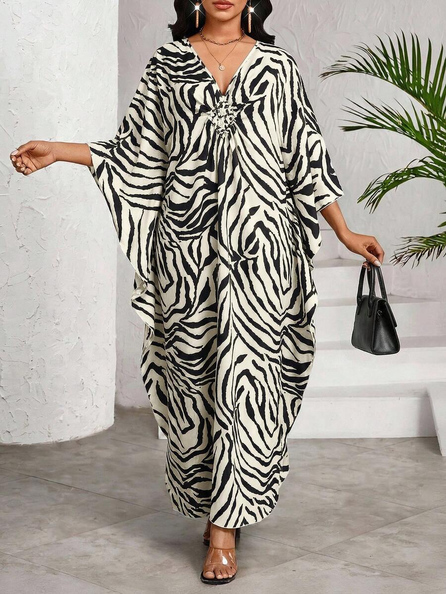 SHEIN Lady فستان كاجوال للحفلات والاستخدام اليومي للنساء بياقة على شكل حرف V وطباعة الزيبرا - متعدد الألوان - مشاهدة 1