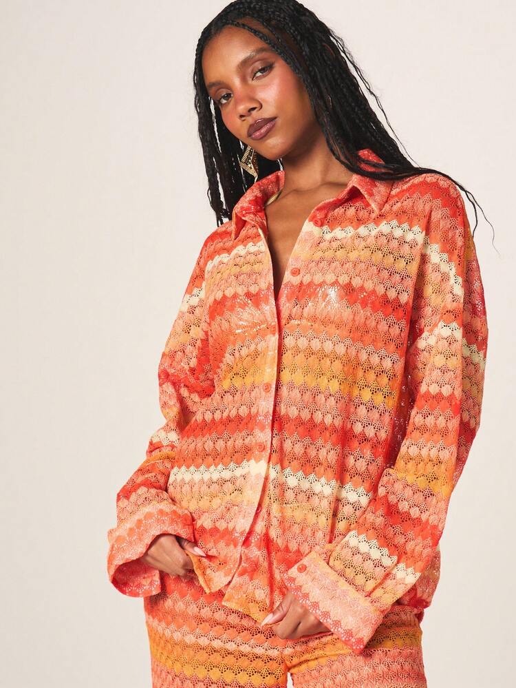 MISSGUIDED Women's Oversized Crochet Button Down Shirt And Wide Leg Trouser Set Geometric Pattern Two Pieces Outfit Casual Coordination Ensemble Summer Beach Vacation Style