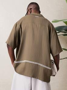 SUMWON Men's Casual Button Down Short Sleeve Shirt With Ladder Stitch Trim Detail Regular Fit Summer Beach Vacation Resort Wear - Brown - View 2