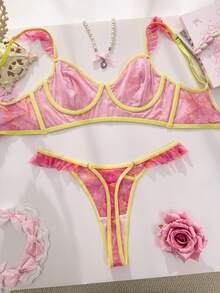 PetitDoll Bộ đồ lót nữ 2 món phối màu tương phản, viền bèo nhún, kiểu dáng ngọt ngào. - Nhiều màu - Xem 3