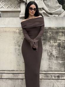 Marta Soriano Women's Solid Color Off Shoulder Long Sleeve Casual Long Dress,Party Women Outfits,Women Dress Women Clothes - Coffee Brown - View 5