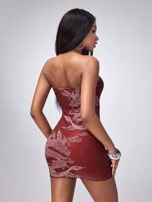 Shutterstock Y2Kool Casual Sexy Urban Chic Minimalist Y2K Subculture Fashion Women's Dragon Print Red Mesh Bandeau Dress, Suitable For Outings, Music Festivals, Daily, Vacation, Dates, Parties, New Year, Spring/Summer - Red - View 2