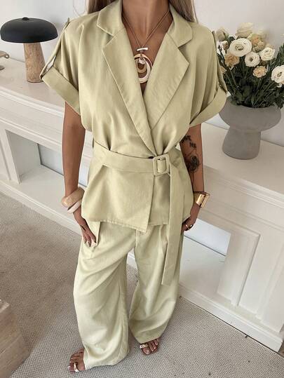DAZY Women's Casual Solid Color Blazer With Belt And Wide Leg Pants Suit, Spring/Summer