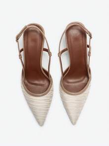 秋冬女士高跟尖头时尚褶皱后跟带鞋，优雅派对鞋 - 米色 - 查看 3