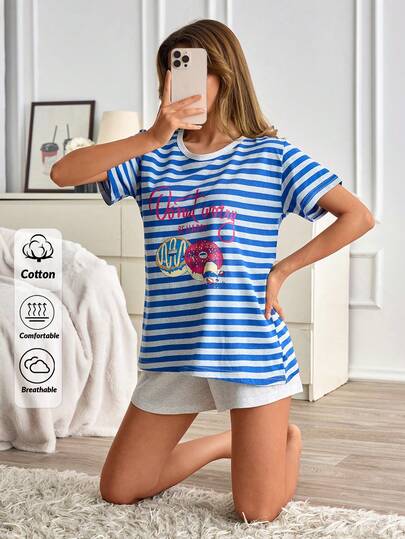 SHEIN Women Cotton 2 Pcs Blue With Striped Donuts Cartoon Lettered Round Neck Short Sleeved Shirt & Grey Shorts Homewear Comfort Casual Pajama Set