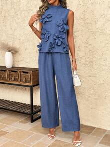 SHEIN Clasi Sleeveless 3D Floral Top And Wide Leg Pants Set, Elegant And Refined Outfit - Blue - View 7