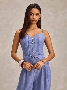 EURMUSE Women Linen Fabric Two Pieces Suit Sets - Royal Blue - View 6