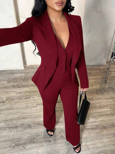 SHEIN SXY 3pcs Set: Deep Blue Long Sleeve Blazer, Vest And Pants, Sexy Outfit For Commute And Date, Autumn/Winter,Business, Retro, Party, Resort, Outing, Old Money,Siren Coquettish, Prom, Ball, Valentine's Day, Cruise Attire, Commuting,  Richly Layered, Date Night, Gathering, Minimalism, Birthday, Formal Event, Break, Modest, Chic, Casual, Shopping, Street Wear, Going Out, Coquette Blazer Set For Women Red Suit Woman Suit,Fall