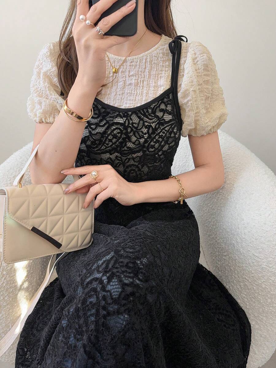 Đầm ren nữ kiểu slip dress với dây đeo có thể điều chỉnh, eo ôm sát, lớp vải voan mỏng bên ngoài, dáng dài chống nắng dành cho nữ. - màu đen - Xem 1