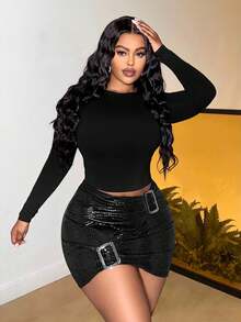 Slaydiva 大码女装春夏新款纯色皮革金属装饰褶皱性感百搭约会派对迷你裙 - 黑色 - 查看 12