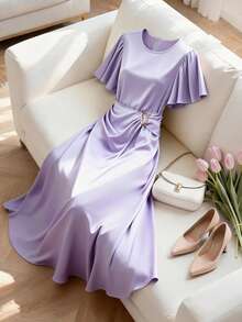 GlowEve CURVE Plus Size Women's Summer New Lavender Elegant Dress,Round Neck Ruffle Sleeve Waist Belt Metal Buckle Tea Party Brunch Banquet Date Night Woven Gown - Mauve Purple - View 2