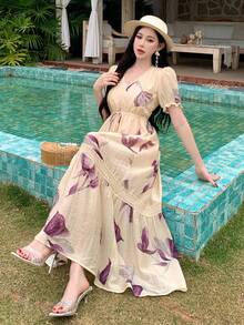 DAZY 女士V领印花短袖收腰宽松休闲度假连衣裙 - 杏色 - 查看 2