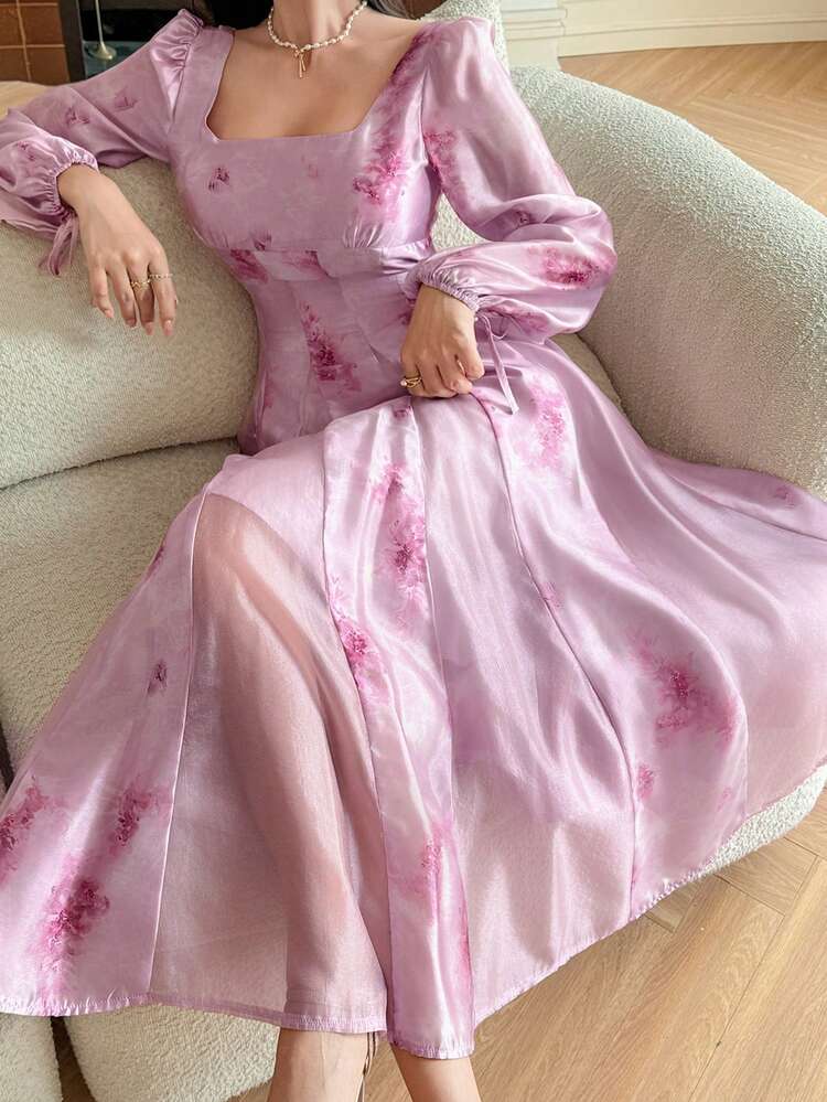 Women's Square Neck Cinched Waist Long Sleeve Dress With All-Over Print Sun Dresses For Women