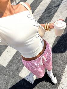 Muchica 女士豹纹抽绳腰带口袋休闲百搭日常穿搭阔腿短裤 - 粉色 - 查看 4