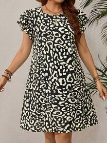 EMERY ROSE Plus Size Leopard Print Ruffled Hem Casual Vacation Dress,Vacation Outfits Woman,Summer Clothes - Black - View 5