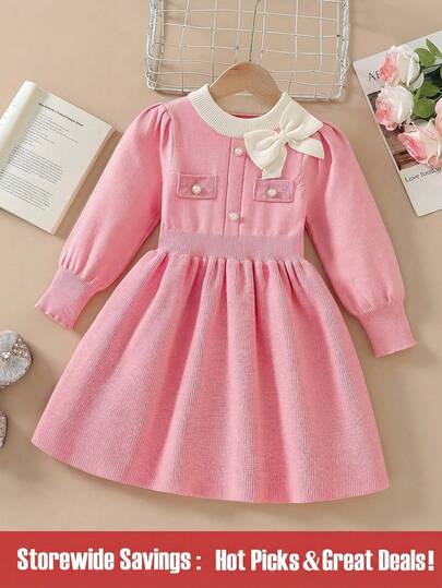 Sweet Retro Bowknot Knitted Dress For Young Girls, Casual Korean Chic Style Fashion Princess Sweater Dress, Suitable For Daily Wear And Outing