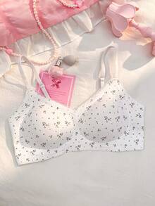 PetitDoll Sujetador sin costuras con relleno extraíble y adorno de encaje con estampado floral delicado - Blanco - Ver 6