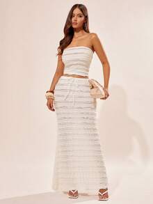 Radiana Romantic Cream-White Ruffled Texture Vacation 2-Piece Set, Includes Bandeau Top And Long Skirt, Suitable For Beach, Holiday, Date, Party, Club, Cocktail, Concert - Apricot - View 3