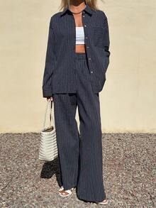 DAZY 女士休闲条纹口袋衬衫和阔腿裤两件套，春夏款 - 藏蓝色 - 查看 3