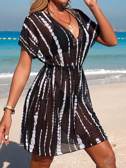 Swim Lushoire Women's Tie-Dye Mesh Batwing Sleeve Cover Up Dress For Vacation