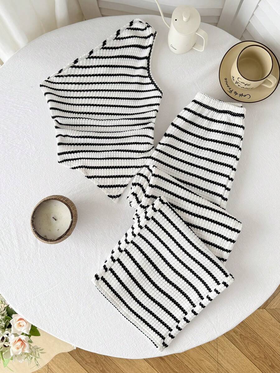 Casual Striped Asymmetric Shoulder & Hem Design Textured Black & White Striped Cropped T-Shirt And Pants 2-Piece Set, Suitable For Home, Vacation, Beach, Summer - Black and White - View 1