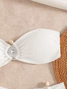 Swim Chiccia Ensemble de bikini élégant 2 pièces en satin blanc avec Top bandeau à bretelles amovibles et bas triangle taille basse - Blanc - Voir 5