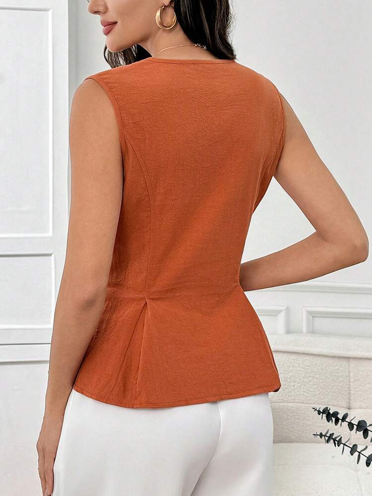 Women's Solid Color Zip Front Pleated Hem Sleeveless Blouse,Vacation Blouse,Summer Holiday Outfits Orange Summer Top,Summer Outfits For Women