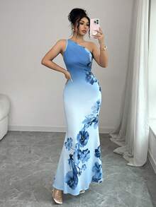 Elenzga 浪漫印花荷叶边肩部收腰喇叭形长款连衣裙，优雅休闲度假连衣裙，时尚蓝色印花长款连衣裙 - 藍色 - 查看 7