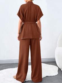 SHEIN Tall 2件組純色綁帶極簡上衣與長褲休閒日常穿著，適合高個女性 - 棕色 - 查看 2