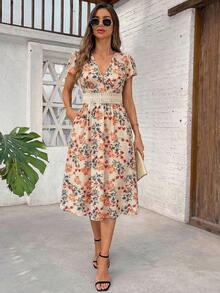 SHEIN Clasi Đầm midi nữ cổ chữ V, thắt eo, chất liệu ren, họa tiết hoa màu kaki/nâu, thanh lịch, thích hợp mặc hàng ngày, đi nghỉ mát, mùa xuân/hè. - Nhiều màu - Xem 17