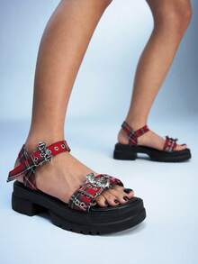 Sugerpunk Giày sandal đế xuồng cao gót nữ, phong cách rock punk gothic tối màu, hở mũi, có khóa thắt lưng, giày dự tiệc Y2K, sandal La Mã hở mũi mùa hè. - Lưới đỏ - Xem 6
