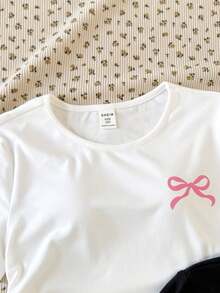 Girlism 2pcs/Set Tween Girl Black & White Bow Print Round Neck Short Sleeve T-Shirt - Black and White - View 4